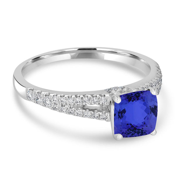 8.5ct SQ. Cushion Tanzanite Ring with 0.22 cttw Diamond