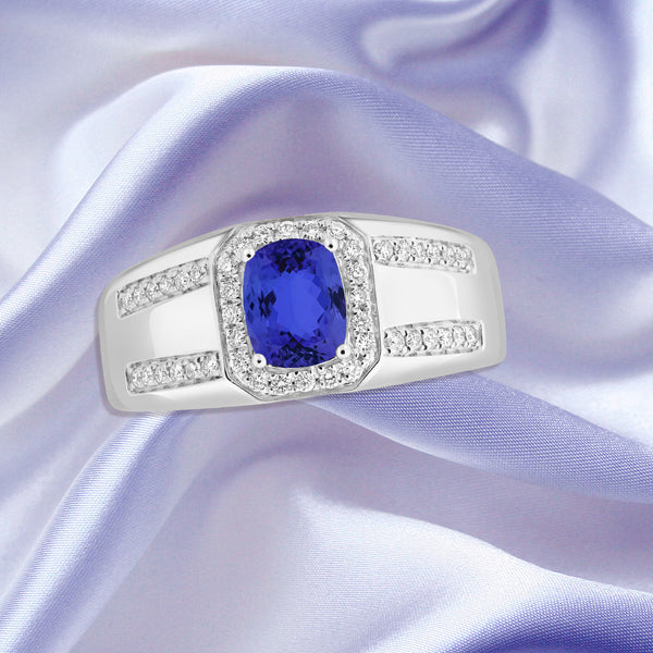 0.98ct Cushion Tanzanite Ring with 0.27 cttw Diamond
