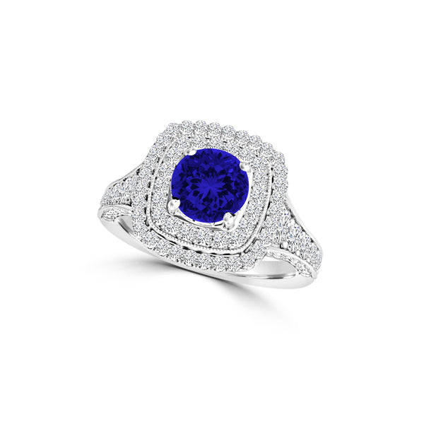 TMR121156 - Nova - Round Tanzanite and Diamond Ring Double Halo