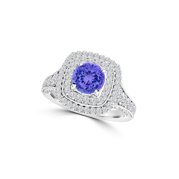 TMR121156 - Nova - Round Tanzanite and Diamond Ring Double Halo