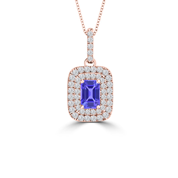 TMR121142 - Hazel - Emerald Cut Tanzanite and Diamond Pendant Double Halo