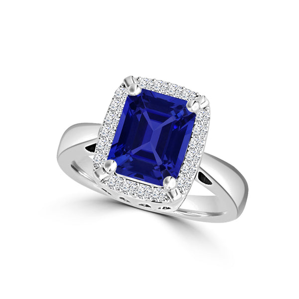 TMR121209 - Yara - Emerald Cut Tanzanite and Diamond Ring Halo