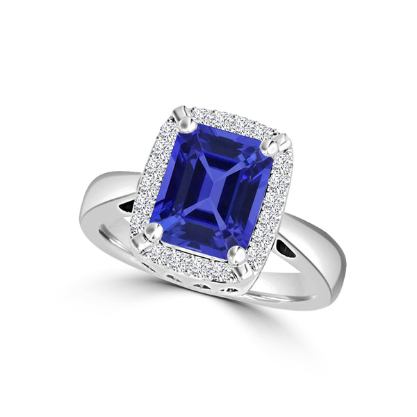 TMR121209 - Yara - Emerald Cut Tanzanite and Diamond Ring Halo