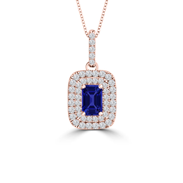 TMR121142 - Hazel - Emerald Cut Tanzanite and Diamond Pendant Double Halo