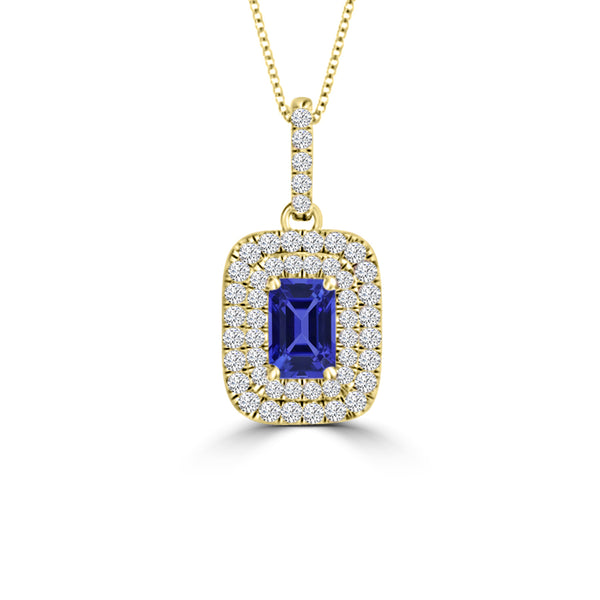 TMR121142 - Hazel - Emerald Cut Tanzanite and Diamond Pendant Double Halo