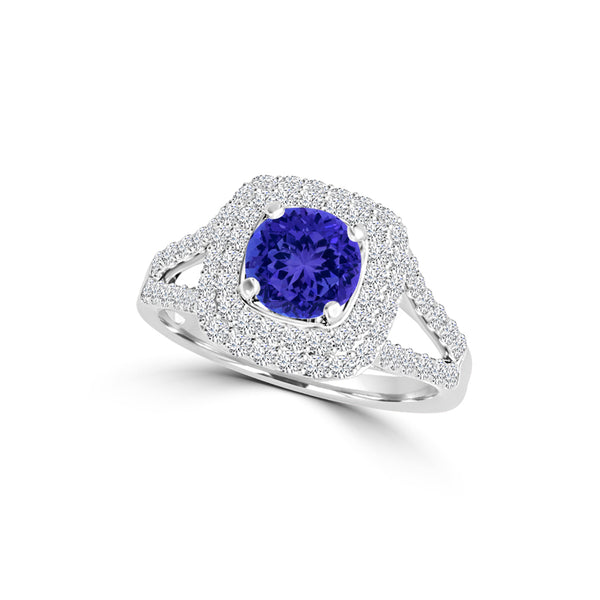 TMR121167 - Sarah - Round Tanzanite and Diamond Ring Double Halo