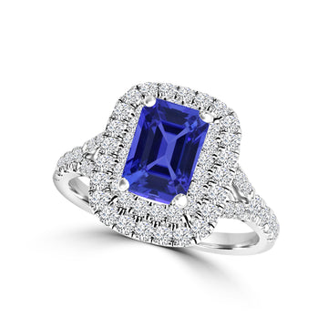 TMR121203 - Adalee - Emerald Cut Tanzanite and Diamond Ring Double Halo