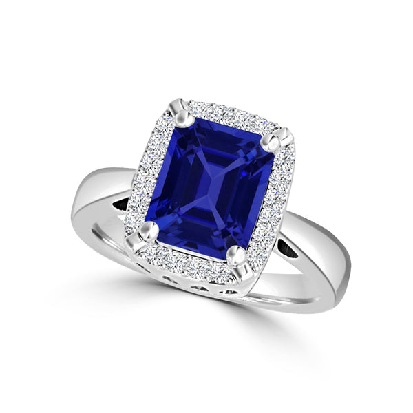 TMR121209 - Yara - Emerald Cut Tanzanite and Diamond Ring Halo