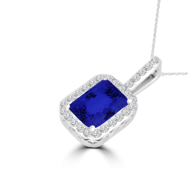 TMR121140 - Zoe - Emerald Cut Tanzanite and Diamond Pendant Halo