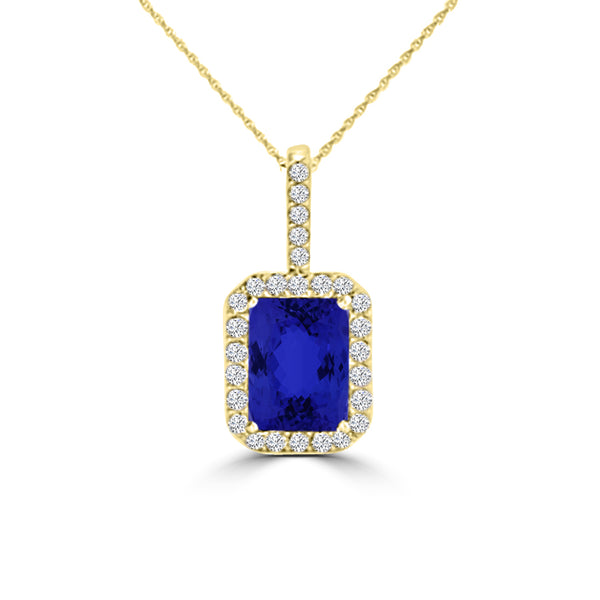 TMR121140 - Zoe - Emerald Cut Tanzanite and Diamond Pendant Halo