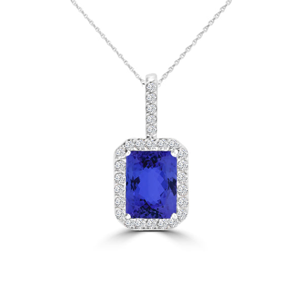 TMR121140 - Zoe - Emerald Cut Tanzanite and Diamond Pendant Halo