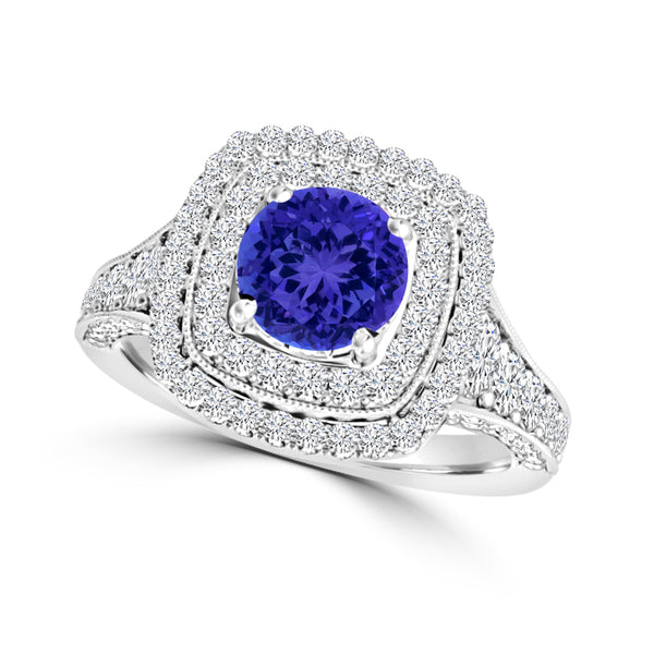 TMR121156 - Nova - Round Tanzanite and Diamond Ring Double Halo