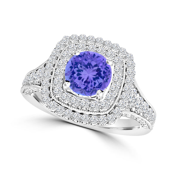 TMR121156 - Nova - Round Tanzanite and Diamond Ring Double Halo