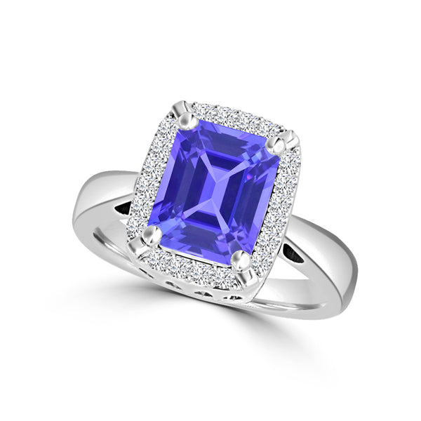 TMR121209 - Yara - Emerald Cut Tanzanite and Diamond Ring Halo