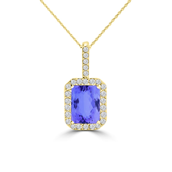 TMR121140 - Zoe - Emerald Cut Tanzanite and Diamond Pendant Halo