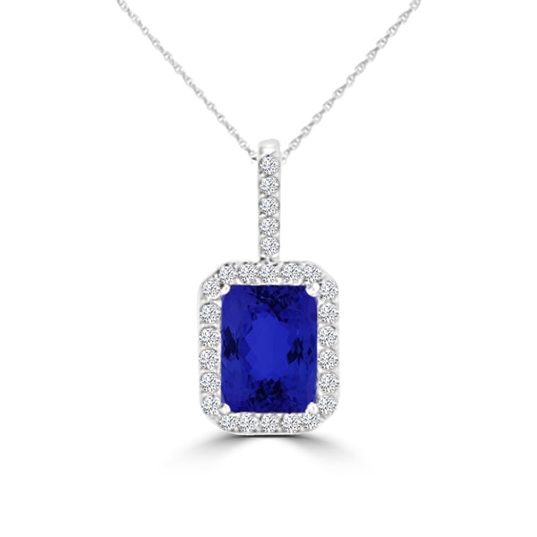 TMR121140 - Zoe - Emerald Cut Tanzanite and Diamond Pendant Halo