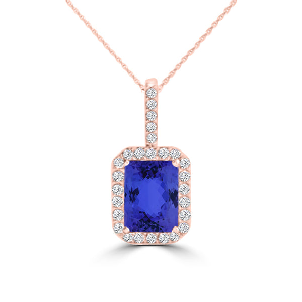 TMR121140 - Zoe - Emerald Cut Tanzanite and Diamond Pendant Halo