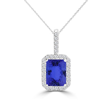 TMR121140 - Zoe - Emerald Cut Tanzanite and Diamond Pendant Halo