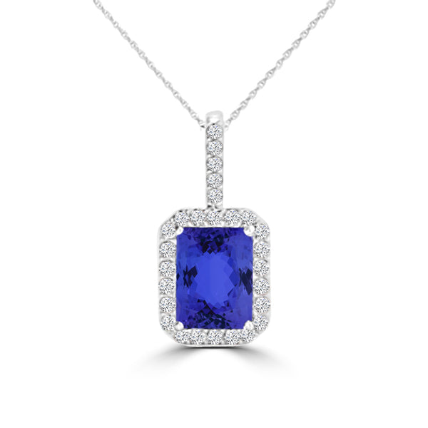 TMR121140 - Zoe - Emerald Cut Tanzanite and Diamond Pendant Halo