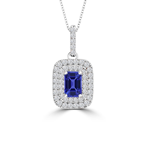 TMR121142 - Hazel - Emerald Cut Tanzanite and Diamond Pendant Double Halo