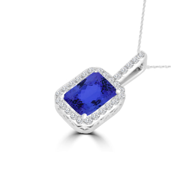 TMR121140 - Zoe - Emerald Cut Tanzanite and Diamond Pendant Halo