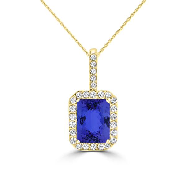 TMR121140 - Zoe - Emerald Cut Tanzanite and Diamond Pendant Halo