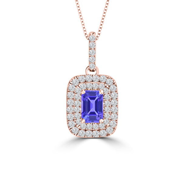 TMR121142 - Hazel - Emerald Cut Tanzanite and Diamond Pendant Double Halo