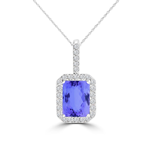 TMR121140 - Zoe - Emerald Cut Tanzanite and Diamond Pendant Halo