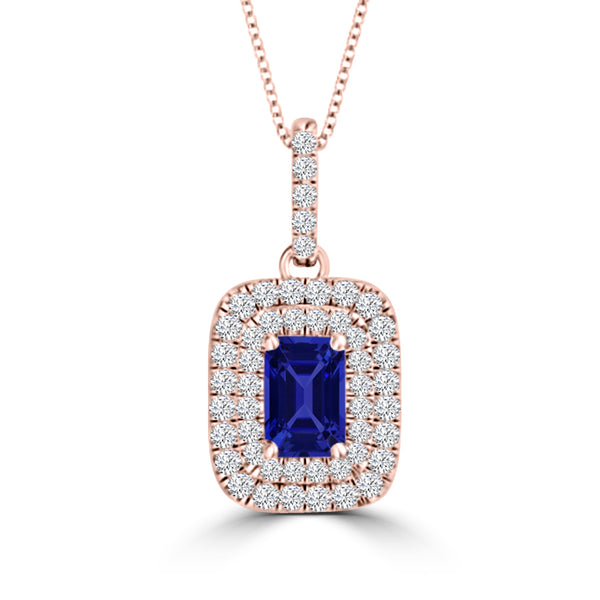 TMR121142 - Hazel - Emerald Cut Tanzanite and Diamond Pendant Double Halo