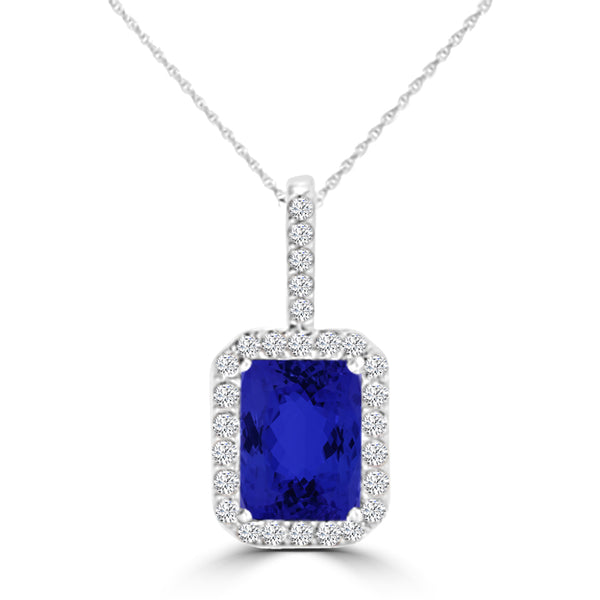 TMR121140 - Zoe - Emerald Cut Tanzanite and Diamond Pendant Halo