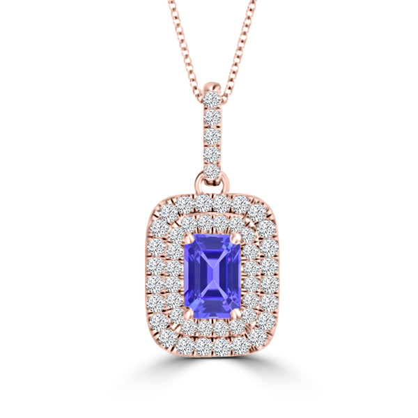 TMR121142 - Hazel - Emerald Cut Tanzanite and Diamond Pendant Double Halo