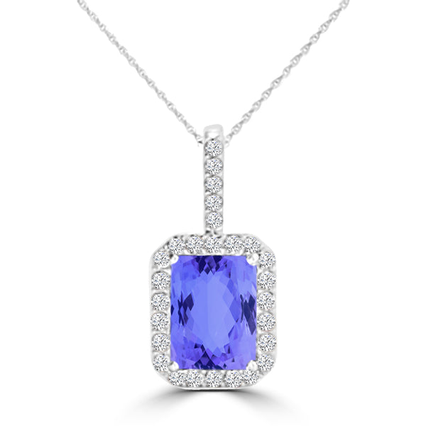 TMR121140 - Zoe - Emerald Cut Tanzanite and Diamond Pendant Halo