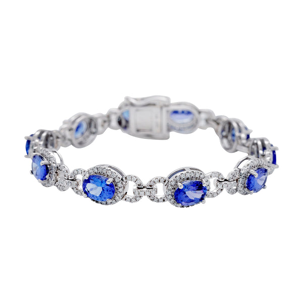 11.02 cts AAAA Oval Tanzanite Bracelet with 0.154 cttw Diamonds in 14K White Gold