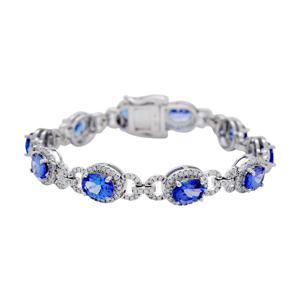 11.02 cts AAAA Oval Tanzanite Bracelet with 0.154 cttw Diamonds in 14K White Gold