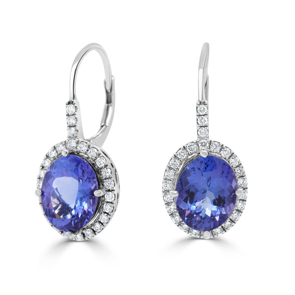 6.59ct AAAA Oval Tanzanite Earring with 0.5 cttw Diamond in 14K White Gold