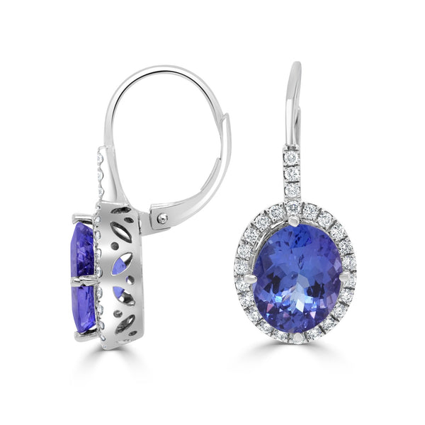 6.59ct AAAA Oval Tanzanite Earring with 0.5 cttw Diamond in 14K White Gold