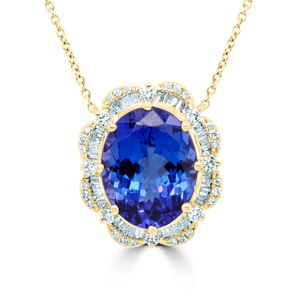 6.61 ct Oval Tanzanite Necklaces with 0.57 cttw Diamond in 14K Yellow Gold