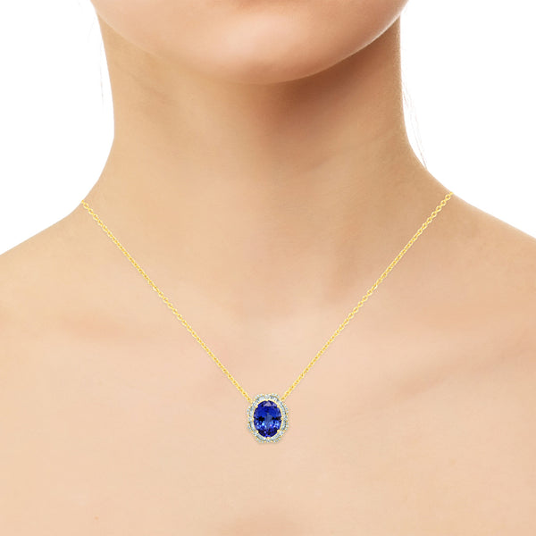 6.61 ct Oval Tanzanite Necklaces with 0.57 cttw Diamond in 14K Yellow Gold