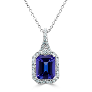 2.30 ct AAAA Emerald Cut Tanzanite Pendant with 0.21 cttw Diamond in 14K White Gold