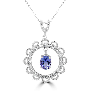 1.35 ct Oval Tanzanite Pendants with 0.5 cttw Diamond in 14K White Gold