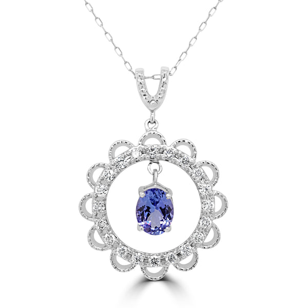 1.35 ct Oval Tanzanite Pendants with 0.5 cttw Diamond in 14K White Gold