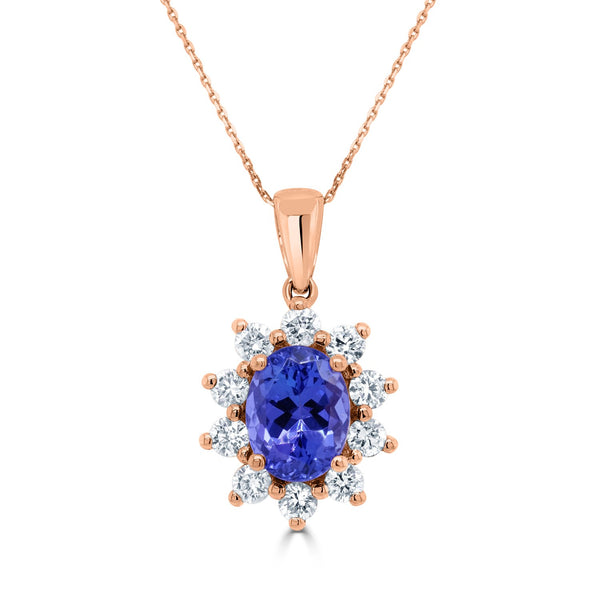 1.42 ct AAAA Oval Tanzanite Pendant with 0.61 cttw Diamond in 14K Rose Gold