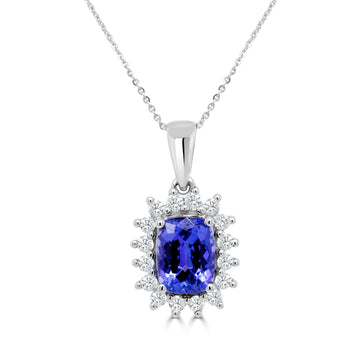 1.47 ct Cushion Tanzanite Pendants with 0.33 cttw Diamond in 14K White Gold
