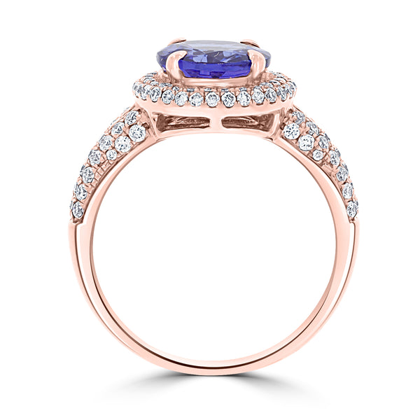 2ct AAAA Round Tanzanite Ring with 0.65 cttw Diamond in 14K Rose Gold