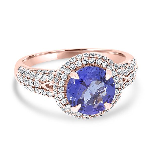 2ct AAAA Round Tanzanite Ring with 0.65 cttw Diamond in 14K Rose Gold