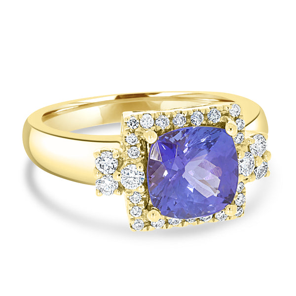 2.29ct AAAA Cushion Tanzanite Ring with 0.34 cttw Diamond in 14K Yellow Gold