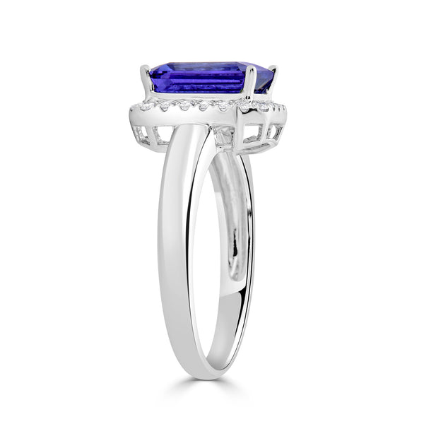 2.30 ct AAAA Emerald Cut Tanzanite Ring with 0.19 cttw Diamond in 14K White Gold