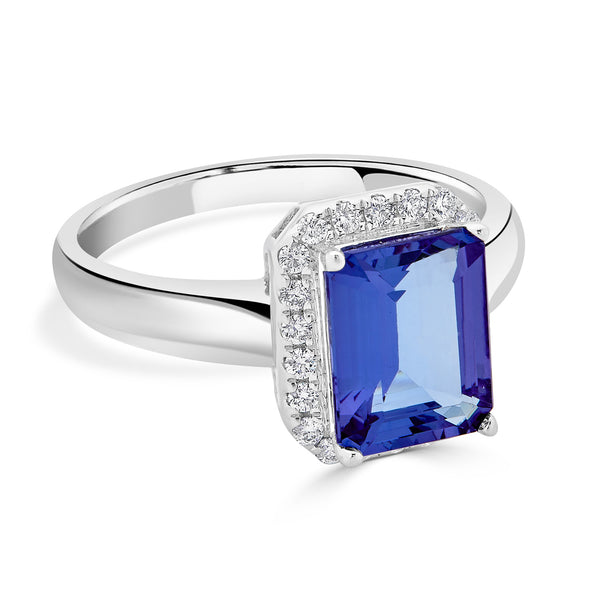 2.30 ct AAAA Emerald Cut Tanzanite Ring with 0.19 cttw Diamond in 14K White Gold