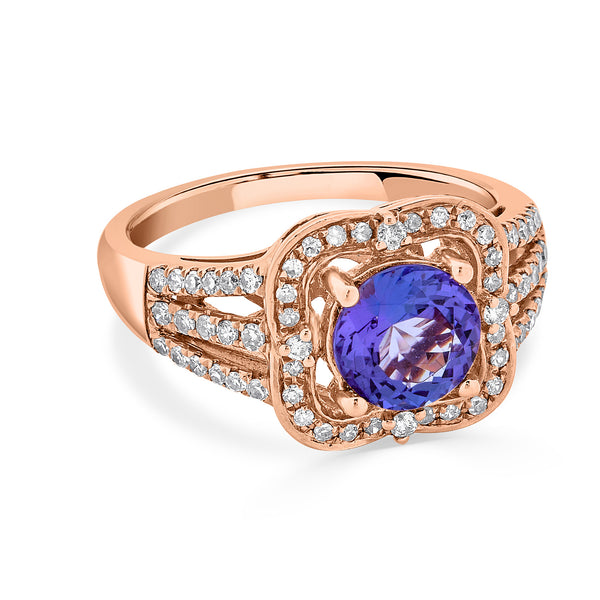 1.63 ct AAAA Round Tanzanite Ring with 0.41 cttw Diamond in 14K Rose Gold