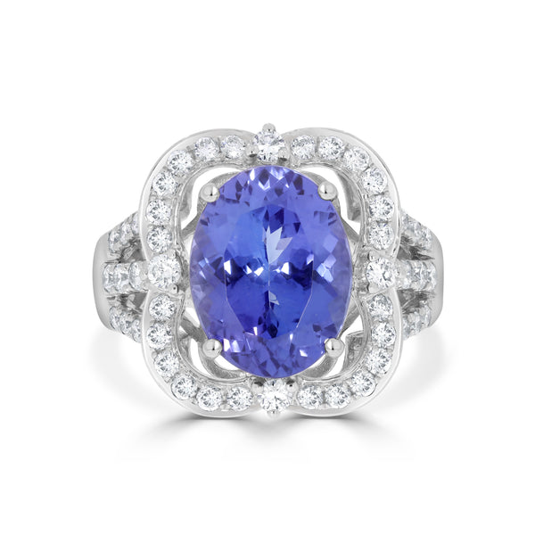 6.40 ct AAAA Oval Tanzanite Ring with 0.85 cttw Diamond in 14K White Gold